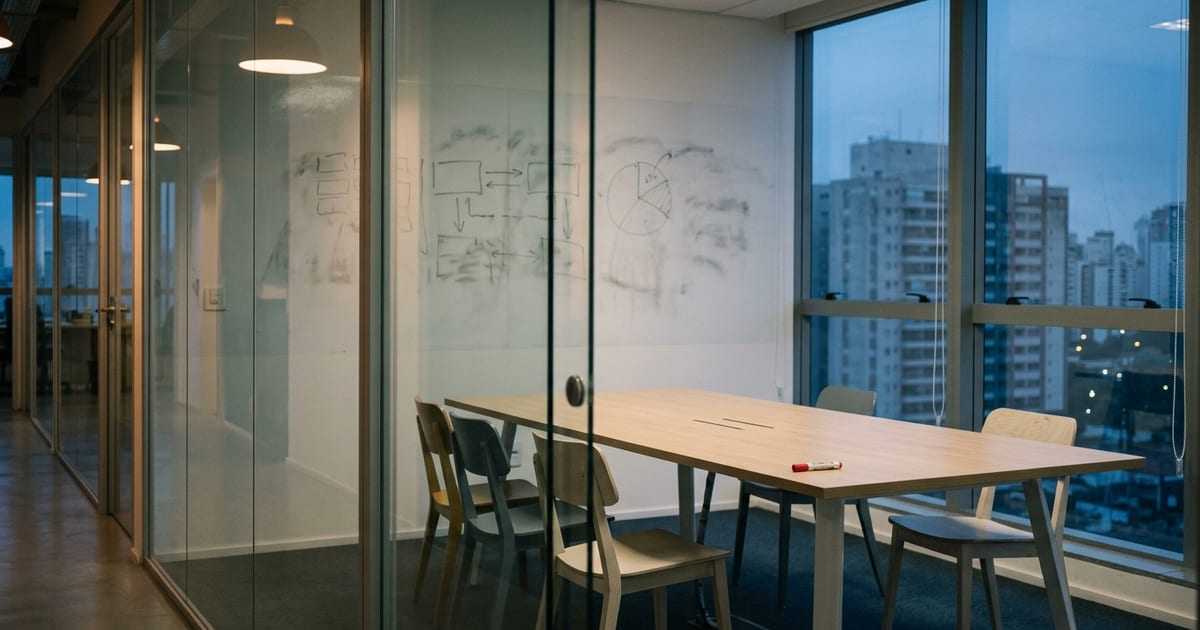 Mesa de coworking com dois notebooks, cadernos e xícaras de café ao fim do dia