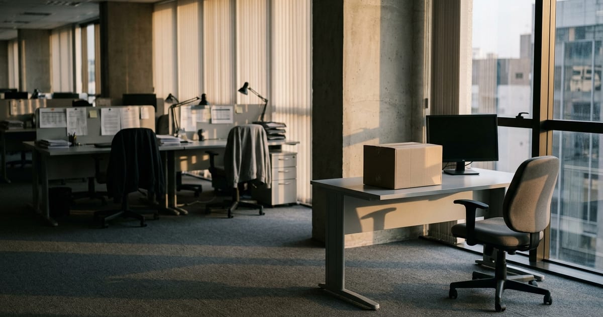 Estação de trabalho vazia em escritório aberto, com cadeira afastada da mesa