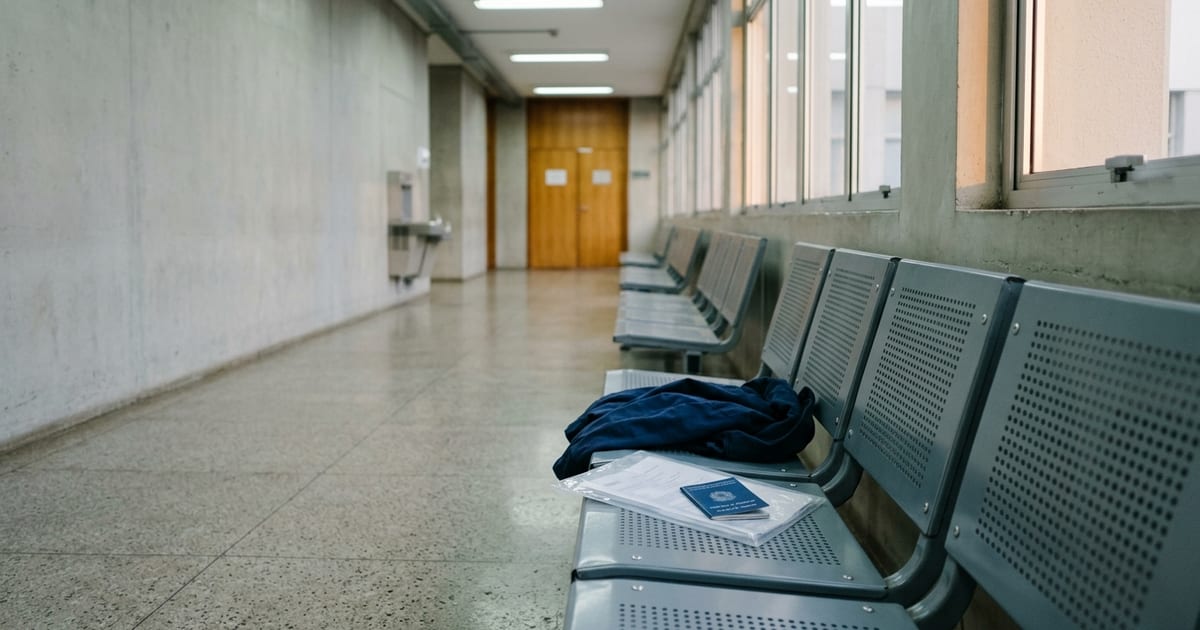 Corredor de fórum com bancos de espera, onde a família aguarda a audiência de custódia