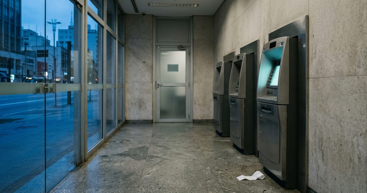Tela de caixa eletrônico em agência bancária vazia com aviso de saldo indisponível