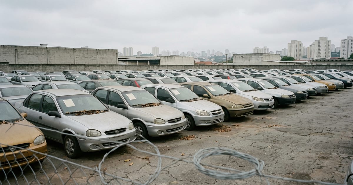 Pátio de veículos apreendidos com carros enfileirados sob céu nublado