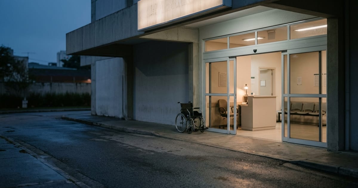 Entrada de pronto-socorro de hospital ao anoitecer com luz acesa na recepção