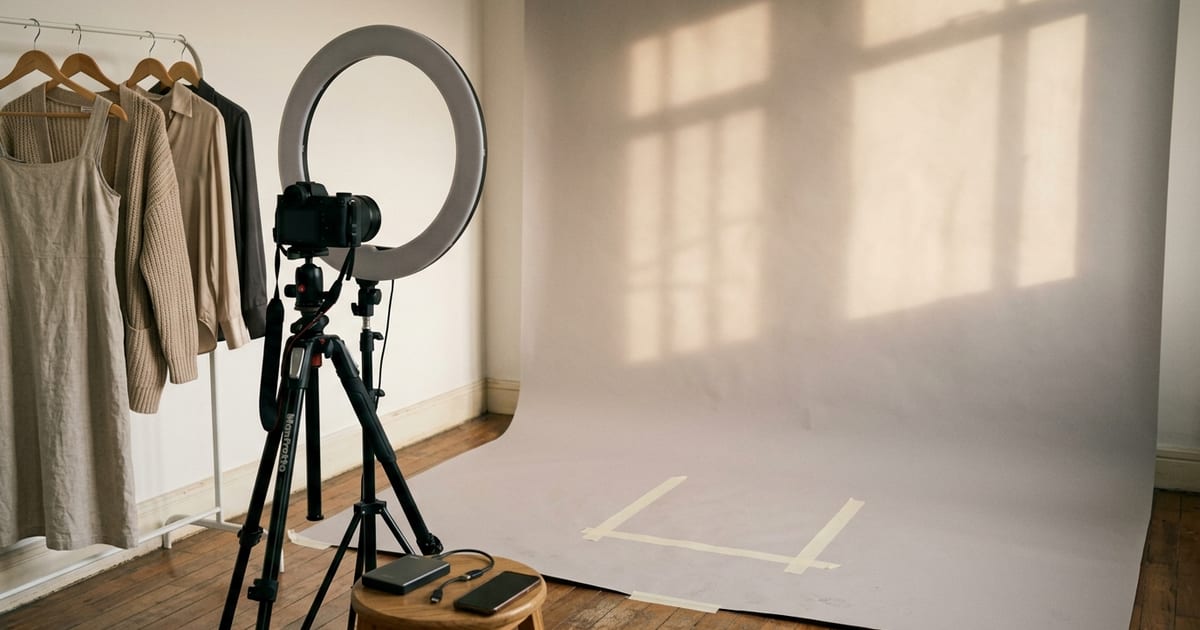 Celular sobre mesa de estúdio de fotografia exibindo vitrine de loja online, ilustrando anúncios com imagem copiada por inteligência artificial