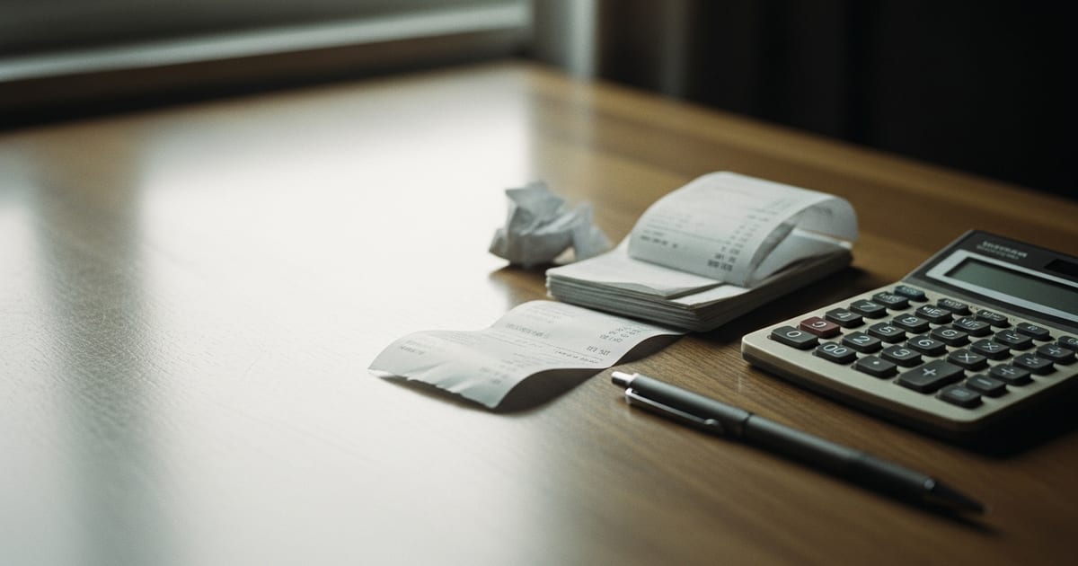 Mesa com calculadora e comprovantes para conferência de tarifas de venda