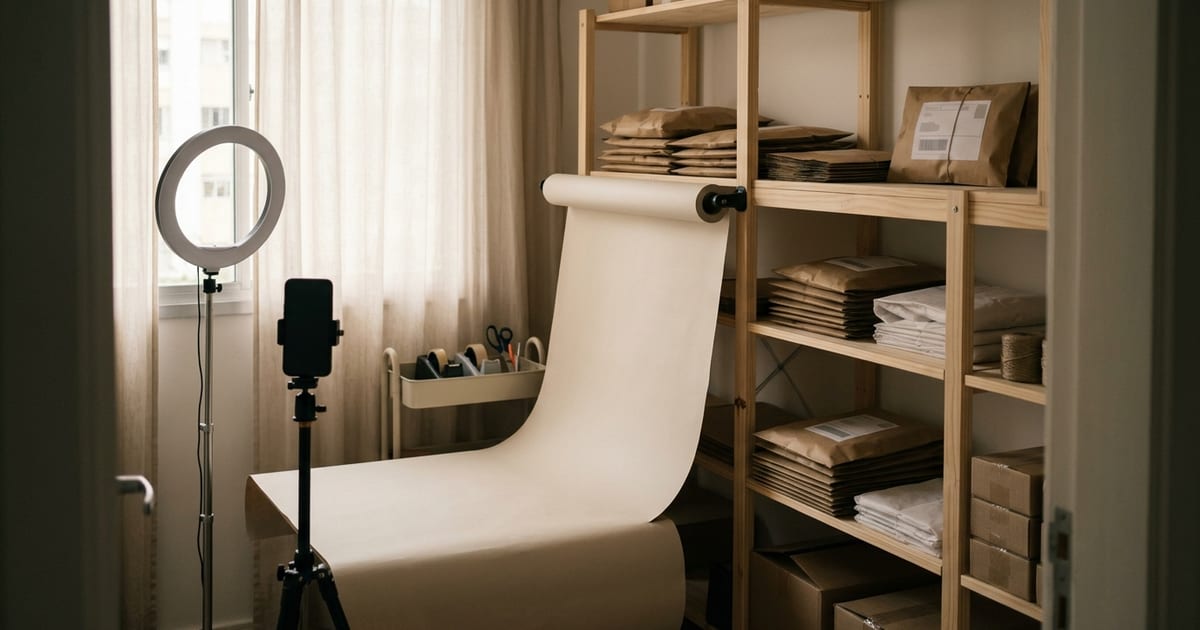 Pequeno estúdio de vendas online com ring light, celular no tripé e prateleiras com pacotes prontos para envio