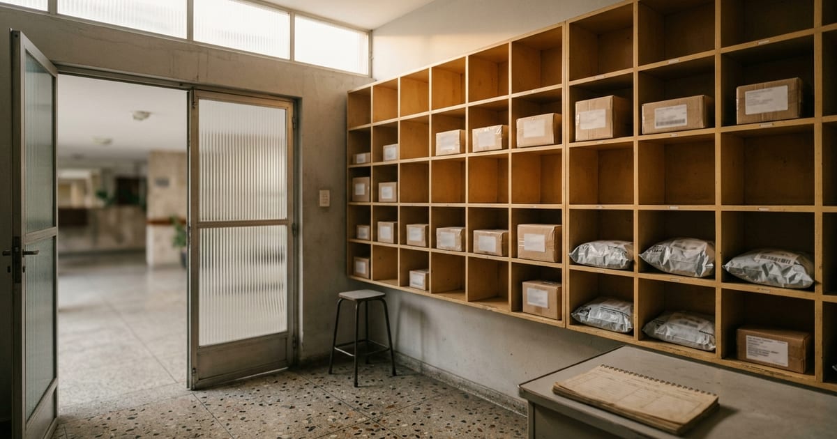 Caixas de encomendas na porta de um apartamento com o celular aberto em app de compras