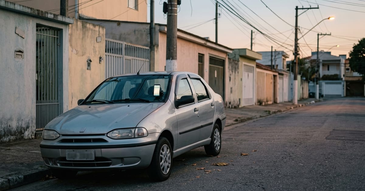 Carro parado em rua de bairro ao entardecer com o celular preso no suporte do painel