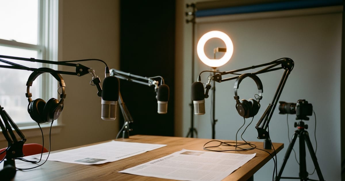 Dois criadores gravando podcast e contrato de co-criação sobre a mesa