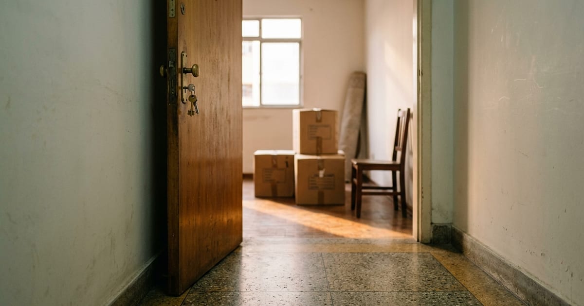 Porta aberta de um apartamento com caixas de mudança no interior, ilustrando o contrato de comodato de imóvel