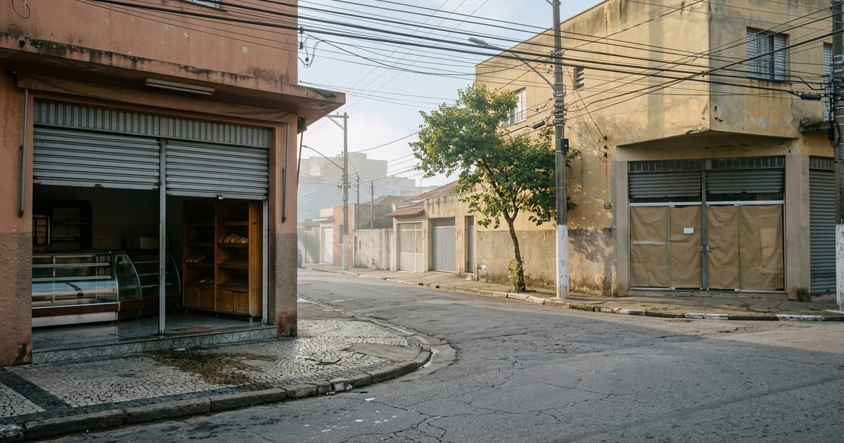 Esquina comercial com uma padaria aberta e portas de comércio fechadas ao redor, ilustrando a não concorrência na venda do negócio