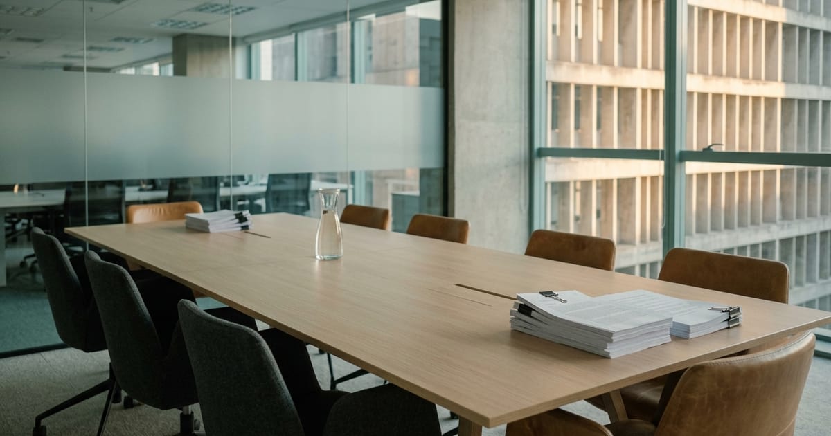 Sala de reunião vazia com dois maços de documentos em lados opostos da mesa, representando um contrato de parceria comercial