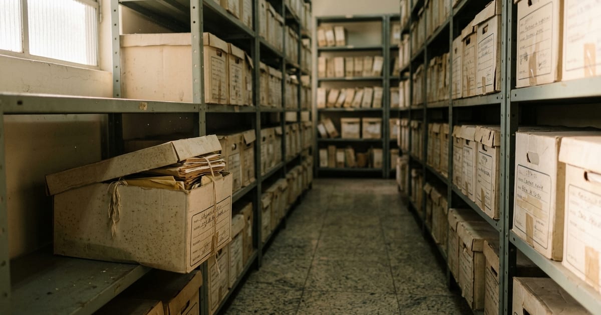 Arquivo com prateleiras de caixas de documentos antigos