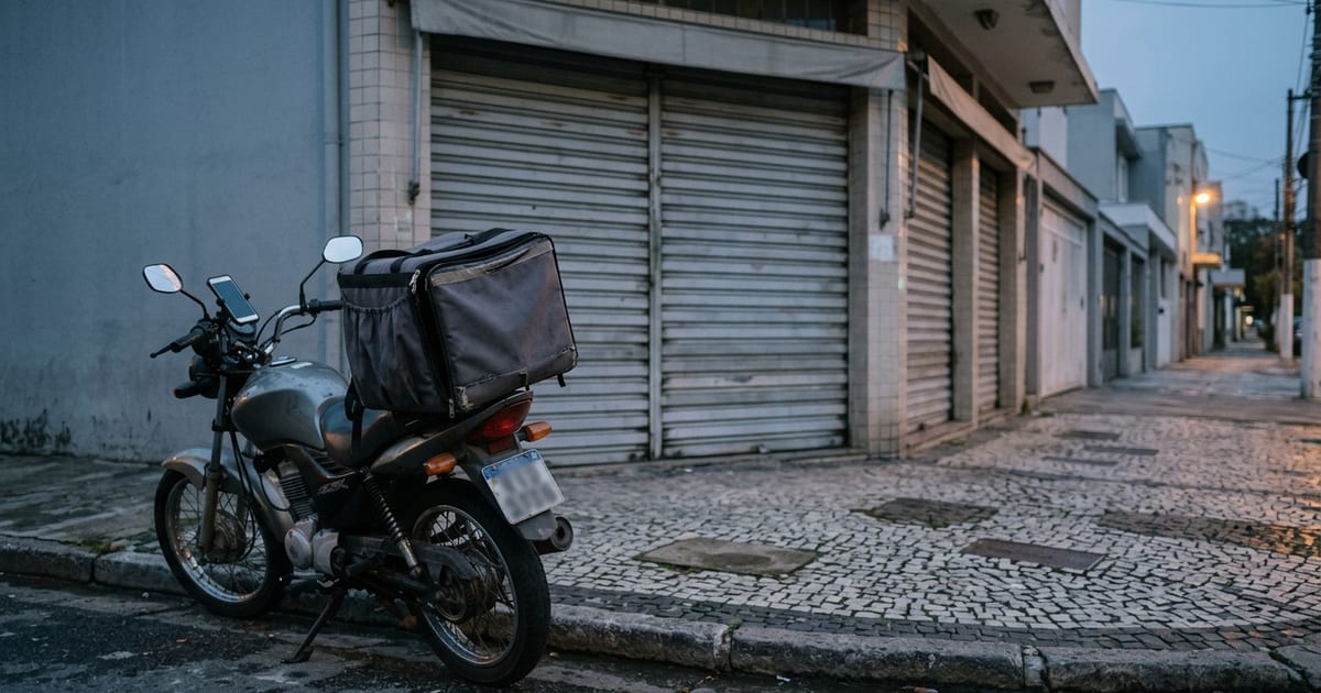 Bag de entregas apoiada em moto estacionada em frente a restaurante fechado à noite