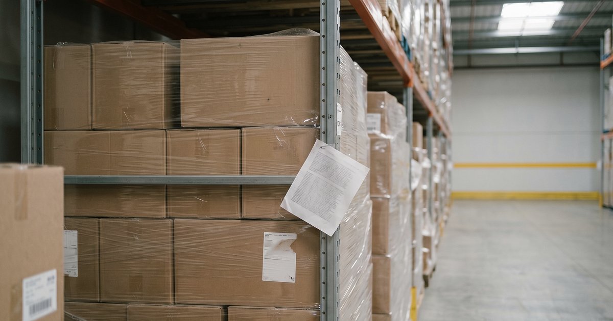 Caixas em centro de distribuição com etiqueta de retenção