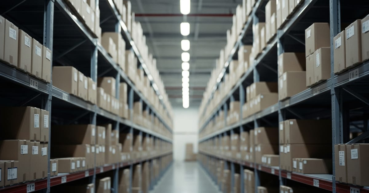 Prateleiras de um centro de distribuição de e-commerce com caixas de produtos