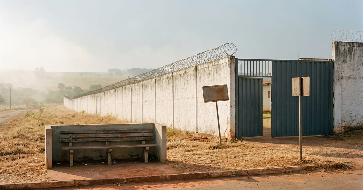 Portão de unidade prisional aberto, com muro e arame farpado, numa manhã de neblina