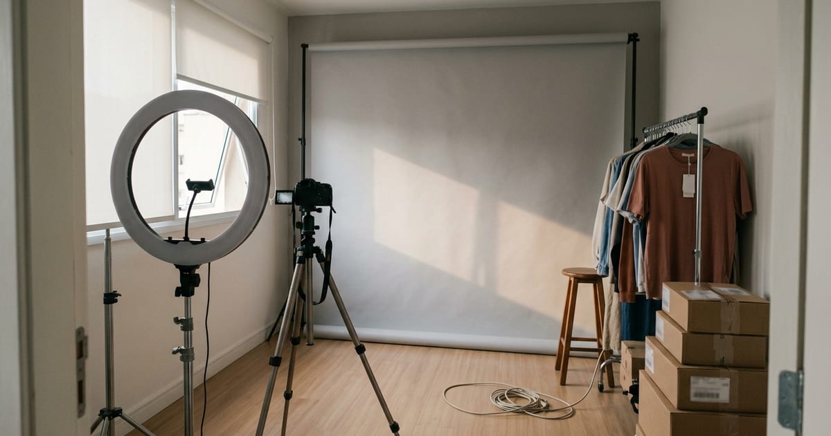 Estúdio de criador de conteúdo vazio, com ring light, câmera no tripé e arara de roupas