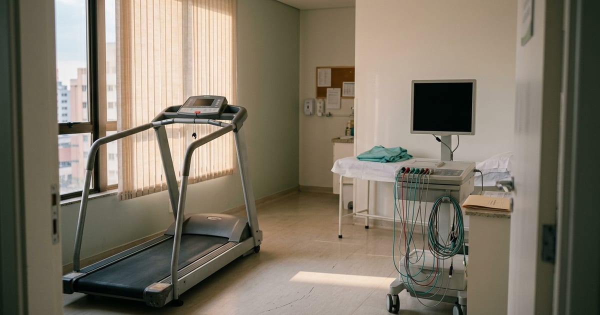Sala de exames cardiológicos vazia com equipamento de eletrocardiograma