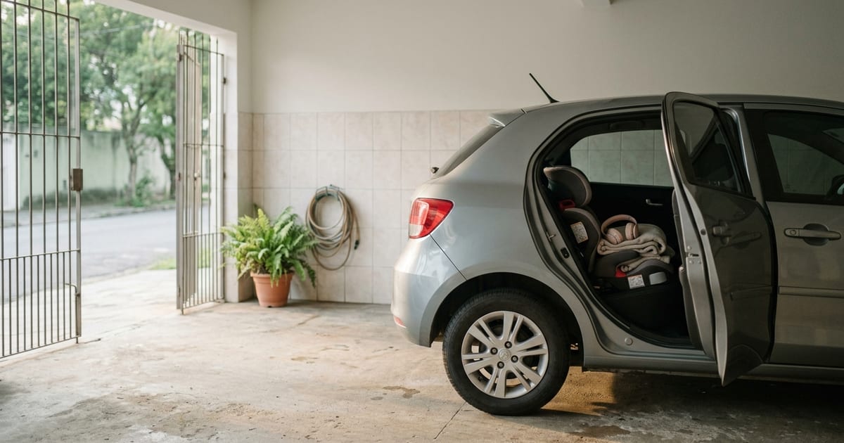 Carro familiar estacionado em garagem residencial com cadeirinha infantil no banco de trás