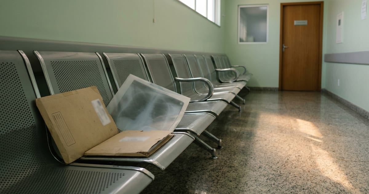 Carta de indeferimento sobre a mesa ao lado de exames médicos e óculos