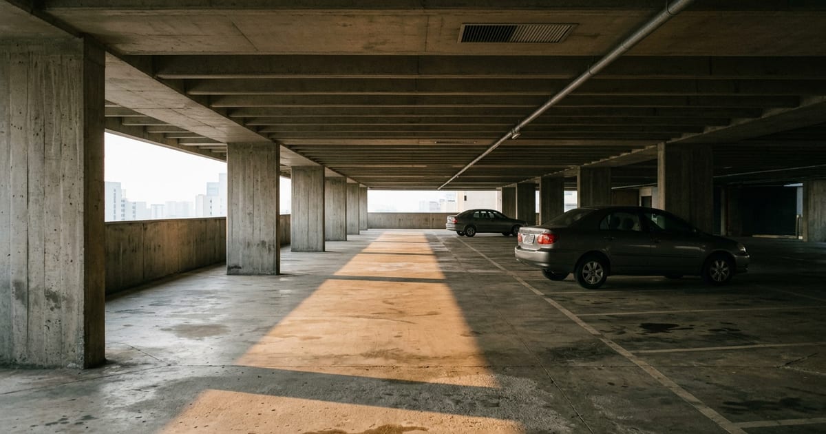 Estacionamento coberto de prédio comercial com poucos carros e iluminação do fim da tarde