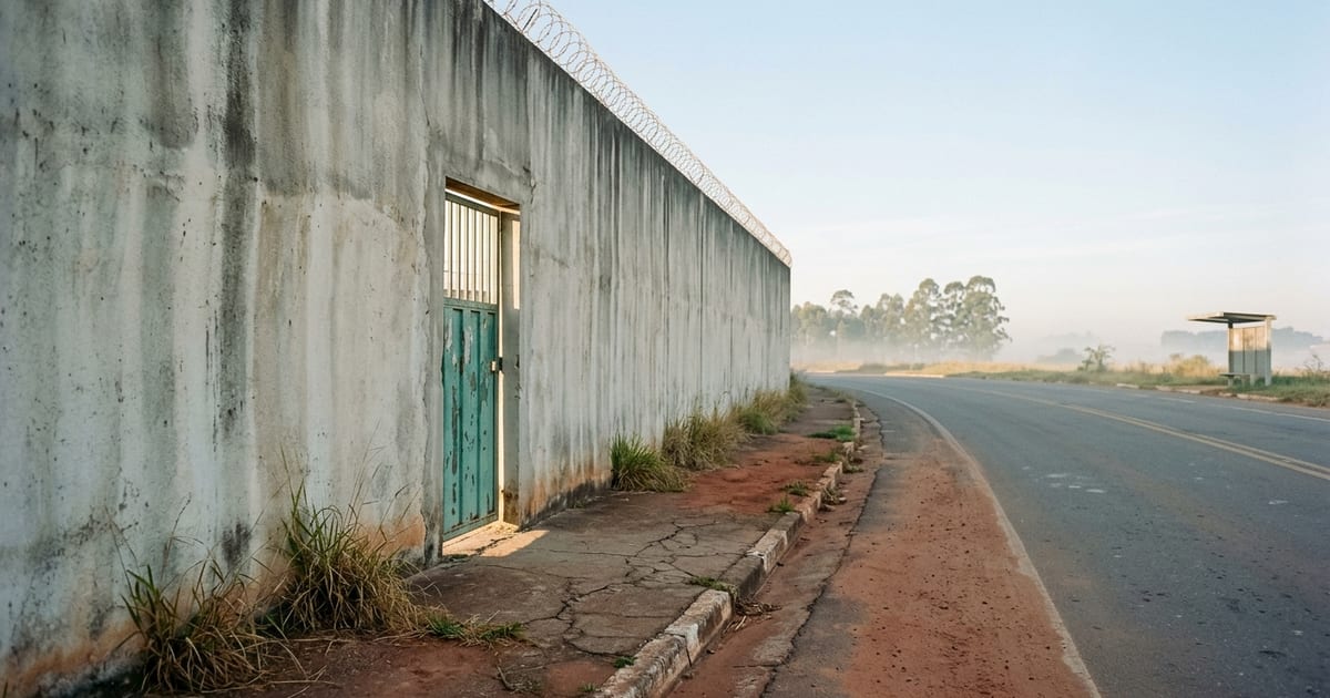 Pessoa saindo por um portão em direção à rua, simbolizando o livramento condicional
