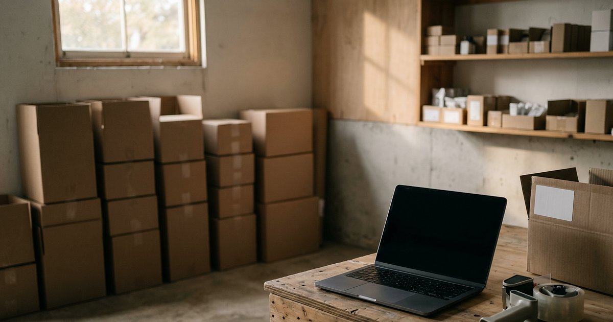 Estoque de loja virtual com caixas empacotadas e notebook fechado