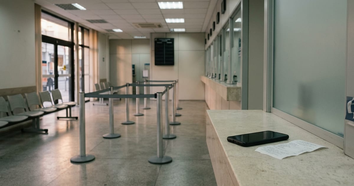 Celular sobre balcão de agência bancária com fila de atendimento vazia ao fundo