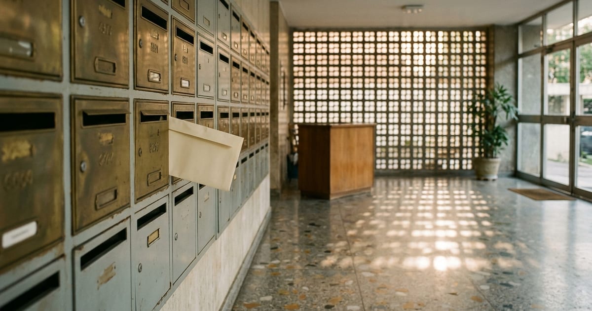 Caixas de correspondência no hall de um prédio, com um envelope saindo de uma delas