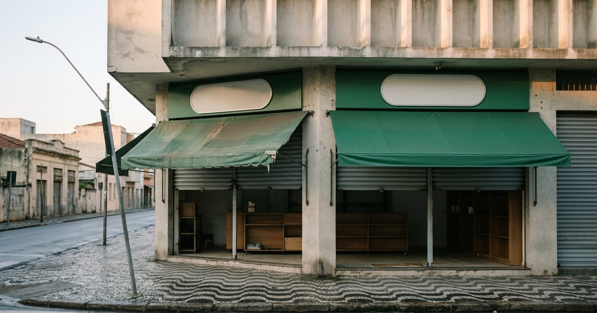 Duas fachadas de loja quase idênticas, com toldos verdes e placas em branco, ilustrando o uso indevido de marca