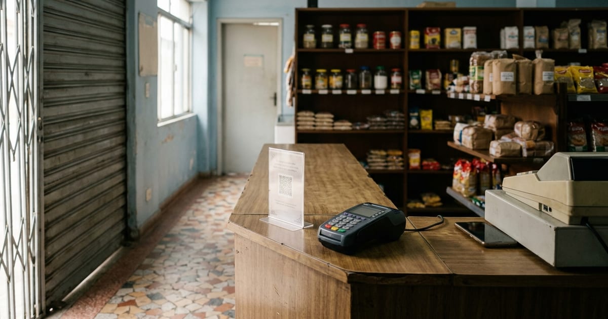 Balcão de pequeno comércio com maquininha de pagamento e celular apoiado ao lado do caixa