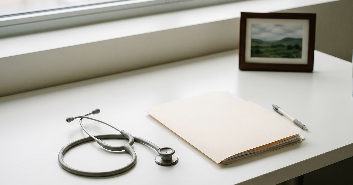 Estetoscópio e pasta de prontuário sobre mesa de consultório médico