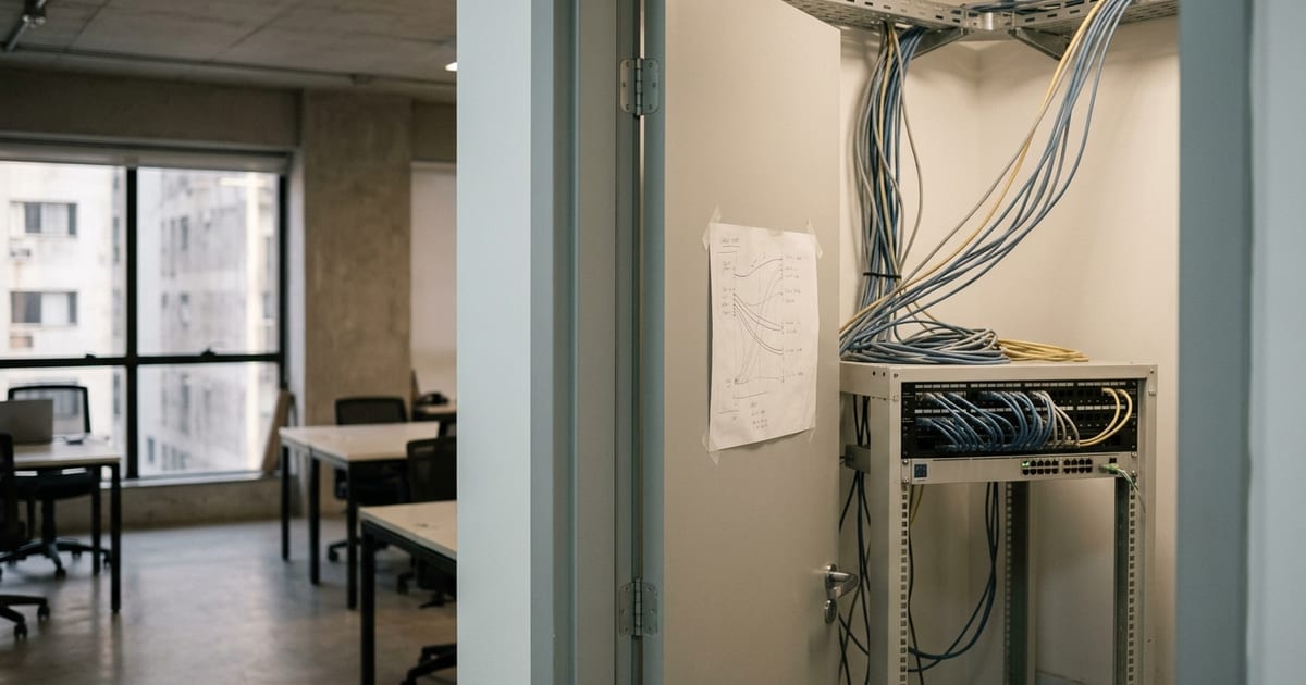 Escritório de pequena empresa de tecnologia com notebook aberto e documentos organizados sobre a mesa