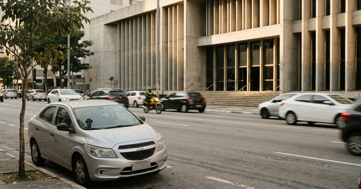 Fachada de fórum em São Paulo vista do outro lado da rua com carros passando