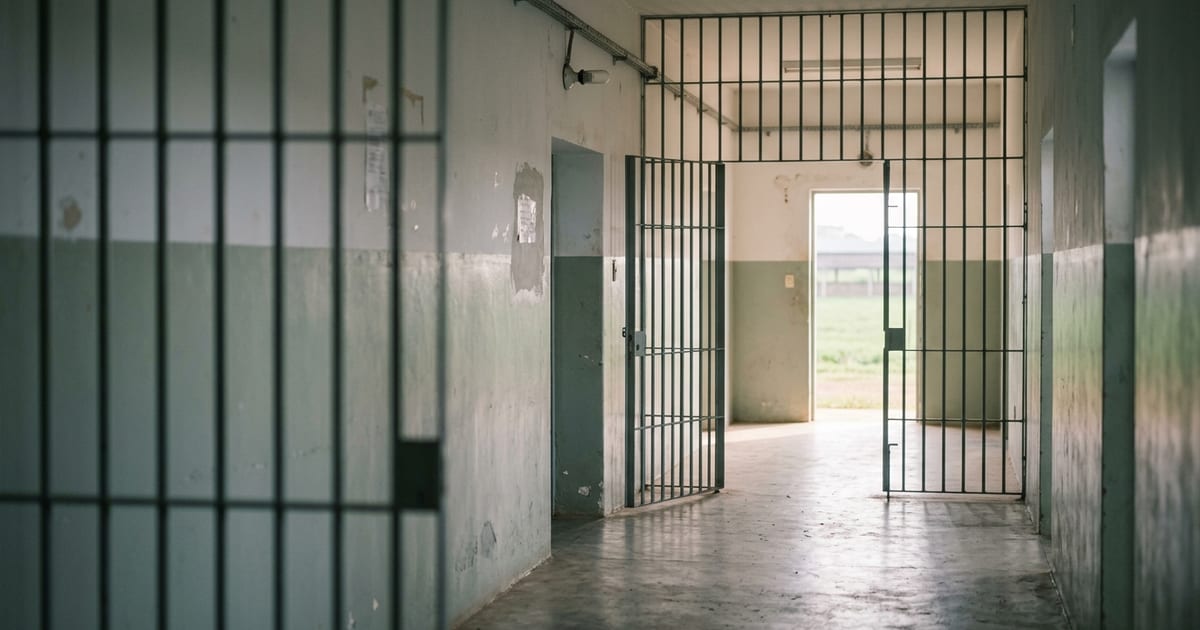 Corredor de unidade prisional com portas abertas ao fundo, simbolizando a passagem de regime