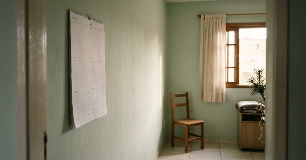 Calendário de parede com meses marcados ao lado de uma janela, em ambiente simples e iluminado