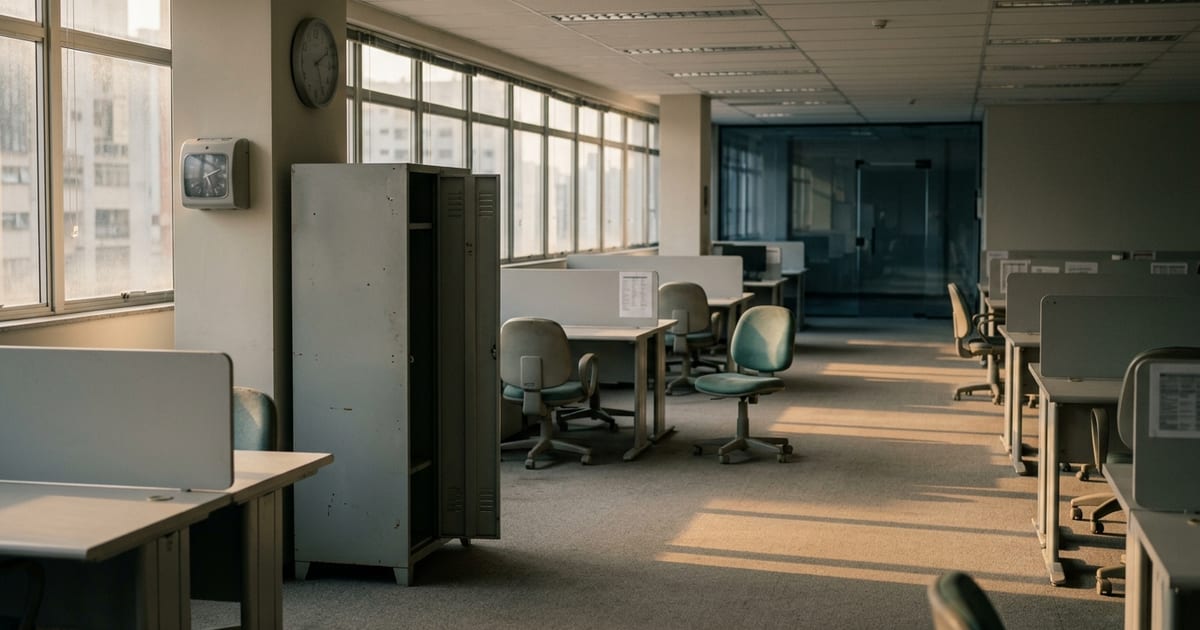 Corredor de escritório comercial vazio ao fim do expediente, com mesas e cadeiras desocupadas