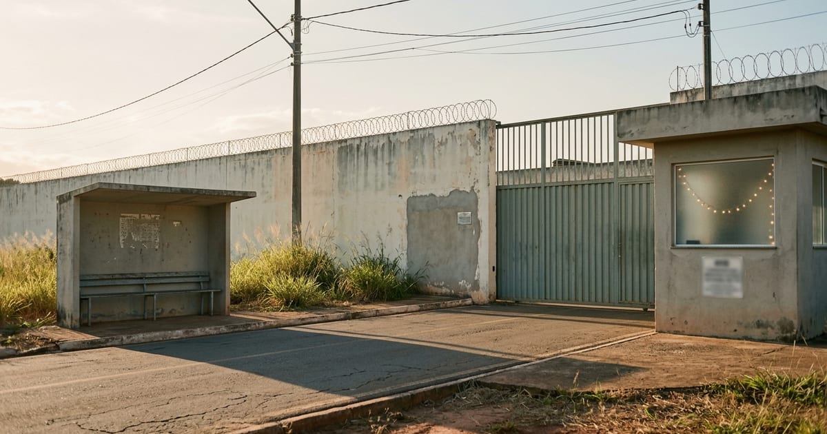 Portão de unidade prisional do regime semiaberto visto de fora, em fim de tarde