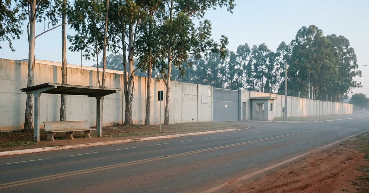 Muro de unidade prisional à beira de uma estrada, com ponto de ônibus vazio no início da manhã