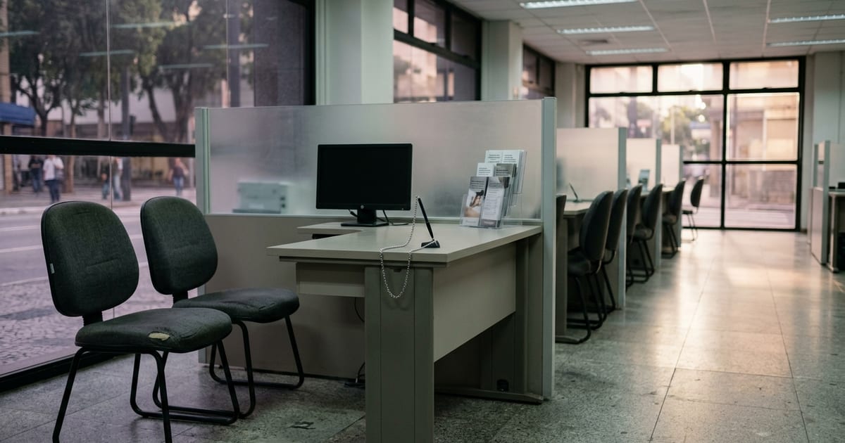 Mesa de atendimento de agência bancária vazia, com cadeiras para clientes e divisória de vidro