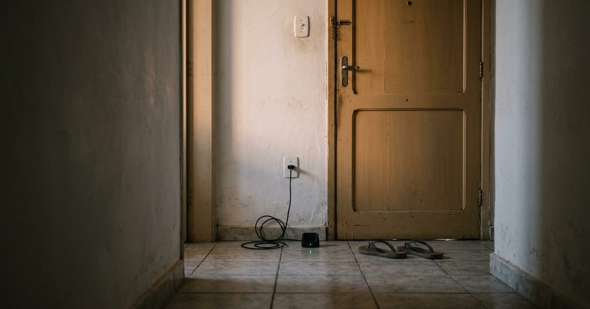 Tornozeleira eletrônica com carregador sobre uma mesa de madeira