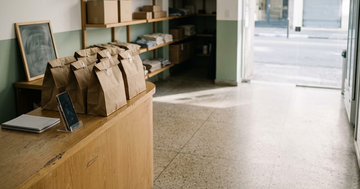 Balcão de atendimento de uma pequena loja com celular, caderno de pedidos e sacolas prontas para entrega